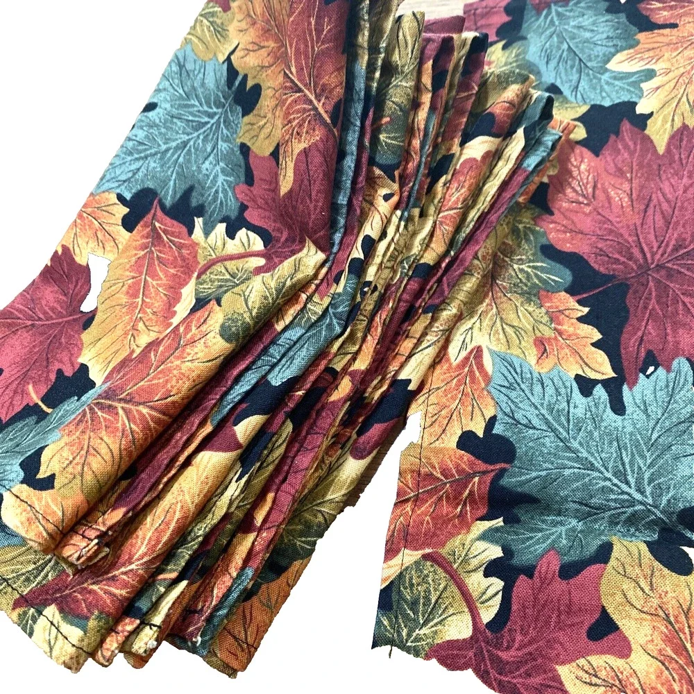 Vintage Cloth Napkins Set of 6 Autumn Leaves Design Cotton Square Red Green Gold